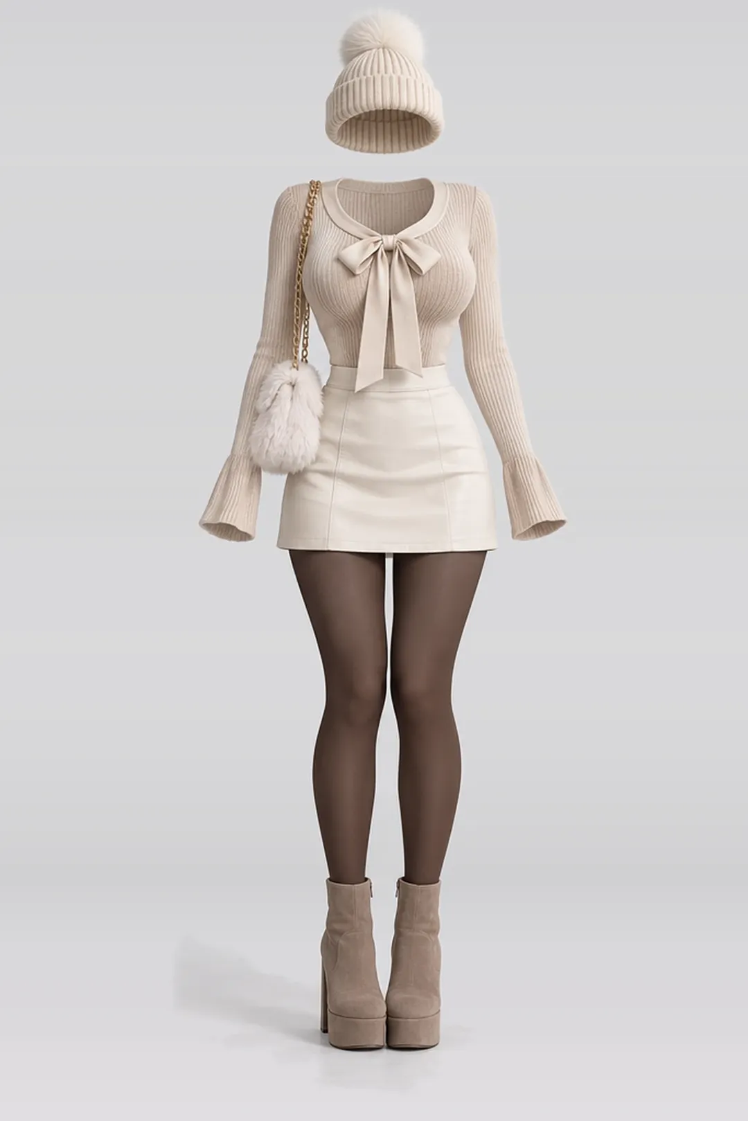 Beige knit top + ivory leather mini skirt