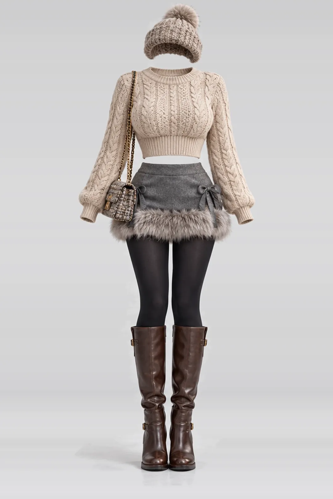 Beige knit sweater + grey fur mini skirt