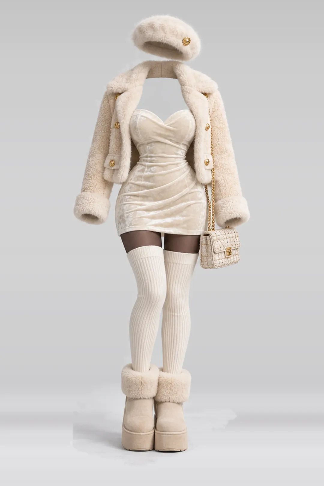 Ivory velvet mini dress + gold jacket