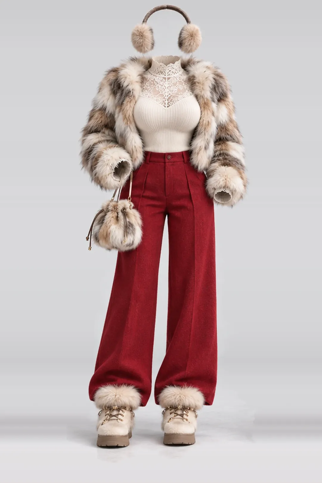 Cream lace knit top + red wool trousers