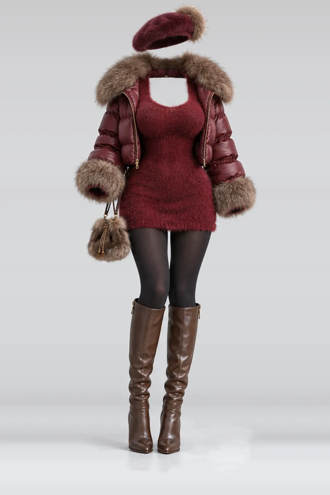 Red knit mini dress + fur jacket