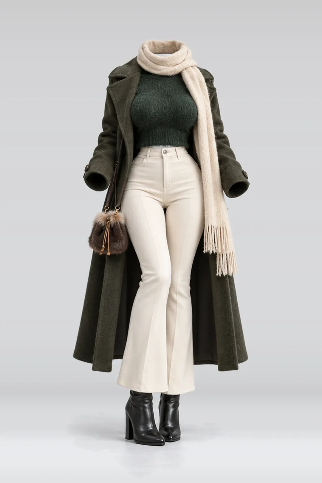 Green knit top + ivory trousers