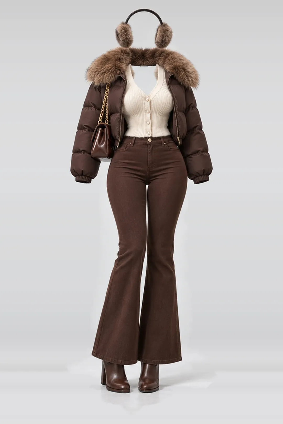 Ivory fur knit cardigan + brown trousers