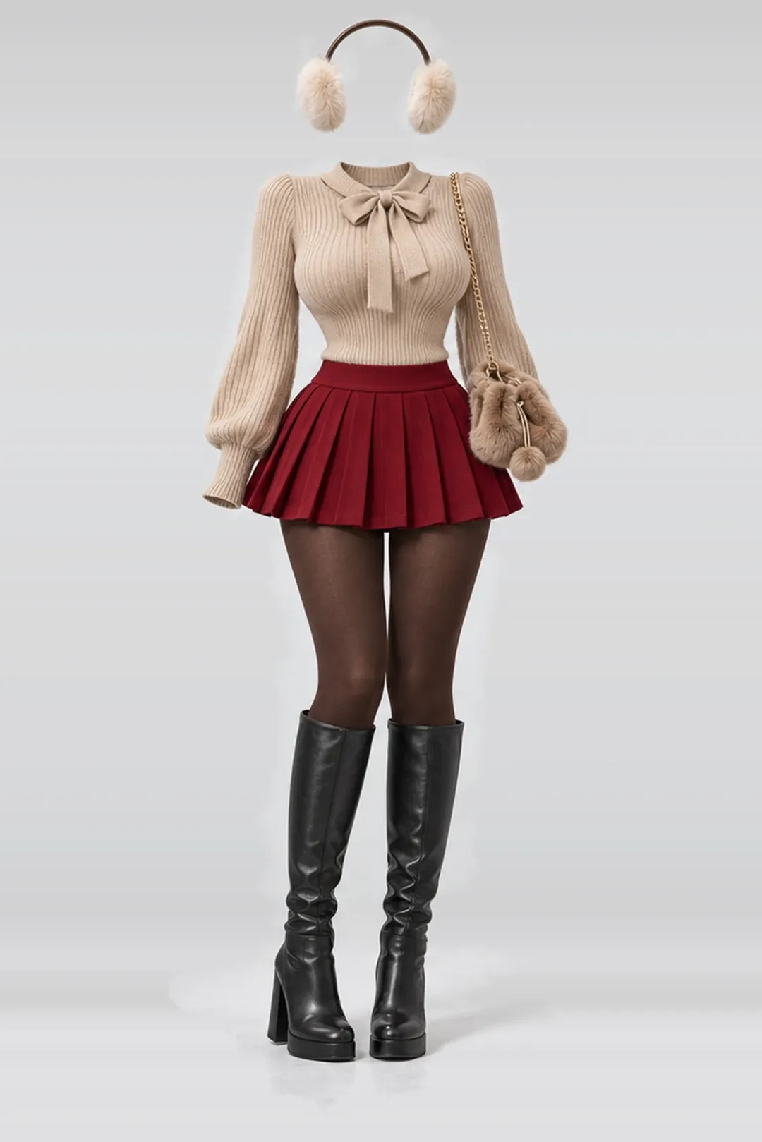 Beige knit top + red pleated mini skirt