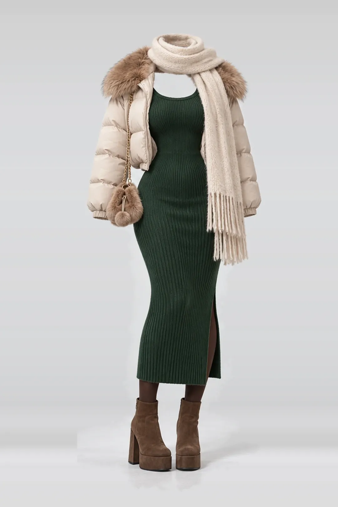 Green knit dress + fur jacket