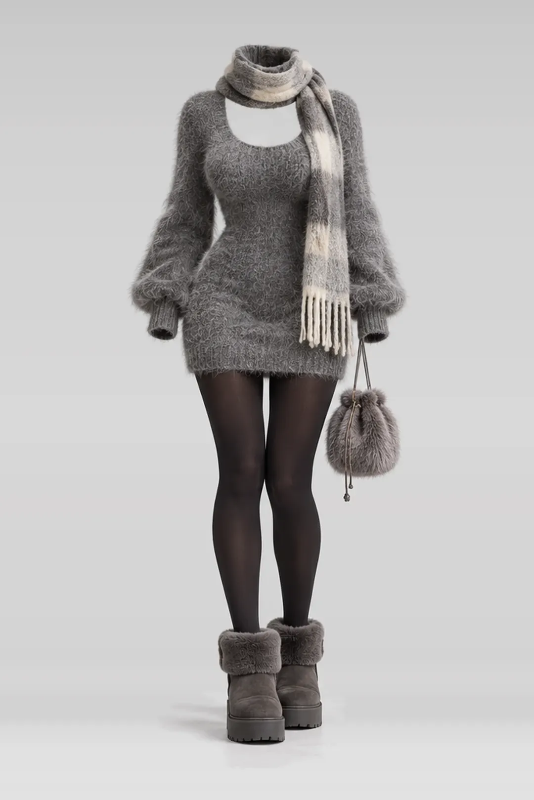 Grey knit mini dress + black tights