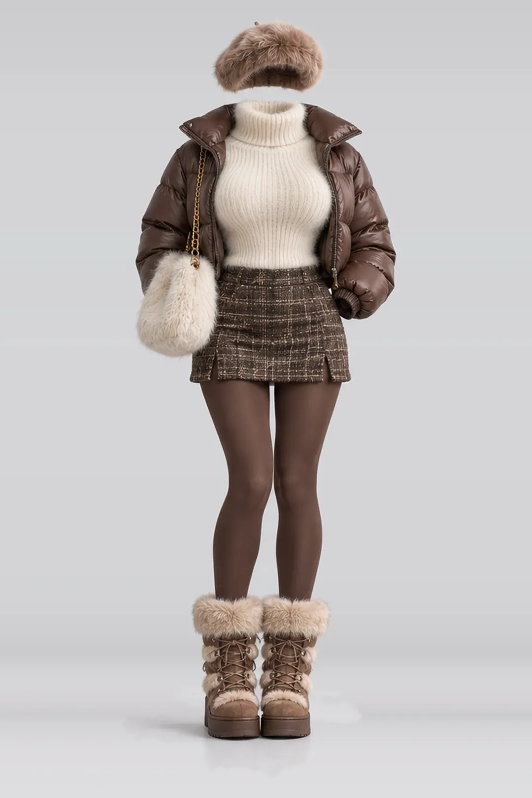 Cream knit top + brown mini skirt