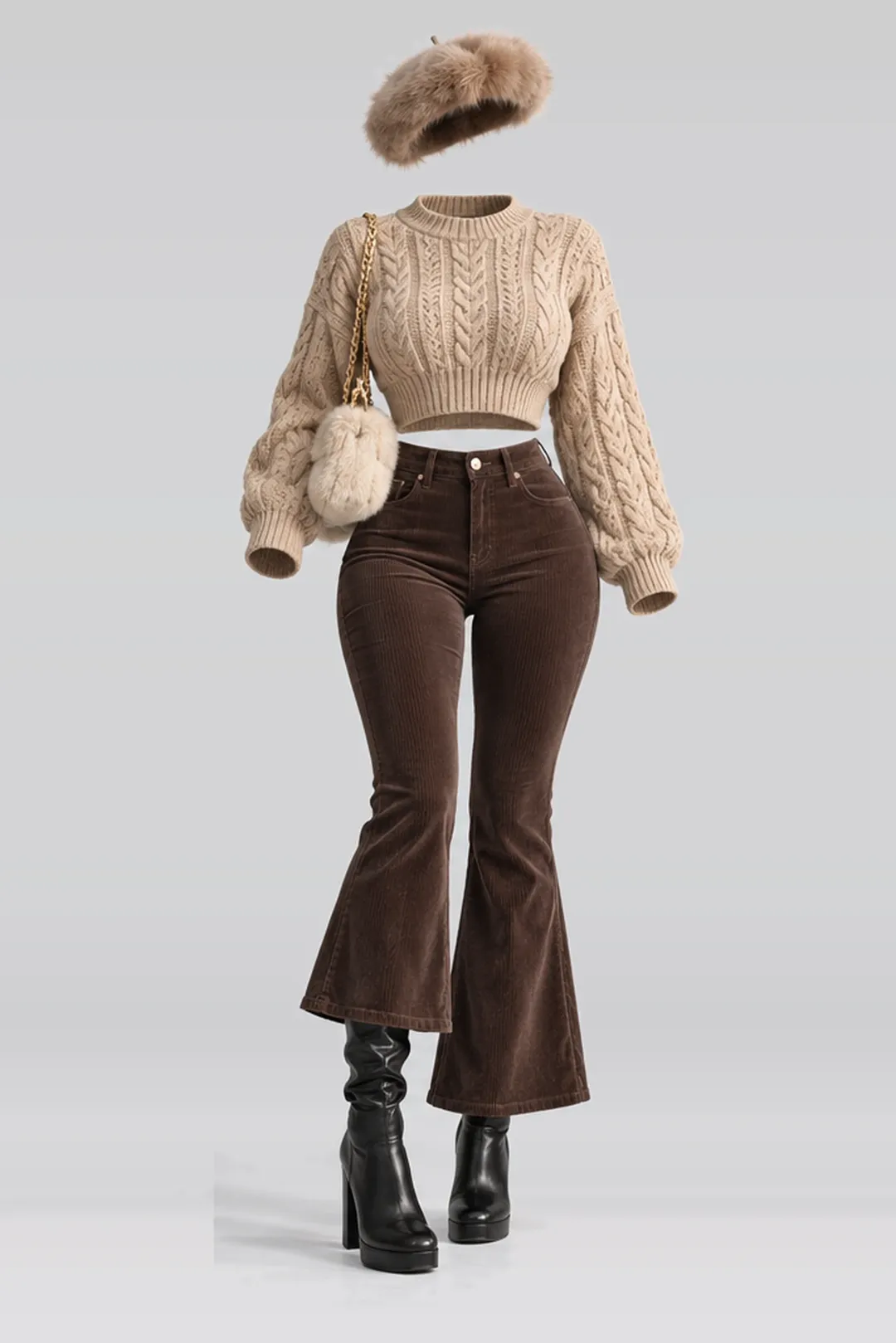 Beige knit sweater + brown trousers