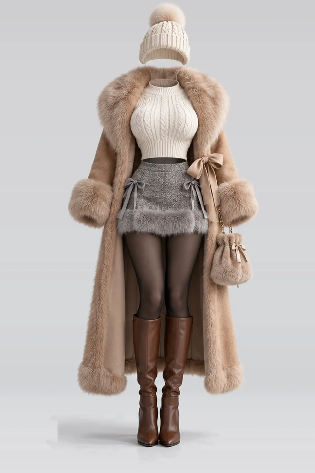 Ivory knit sweater + grey fur mini skirt