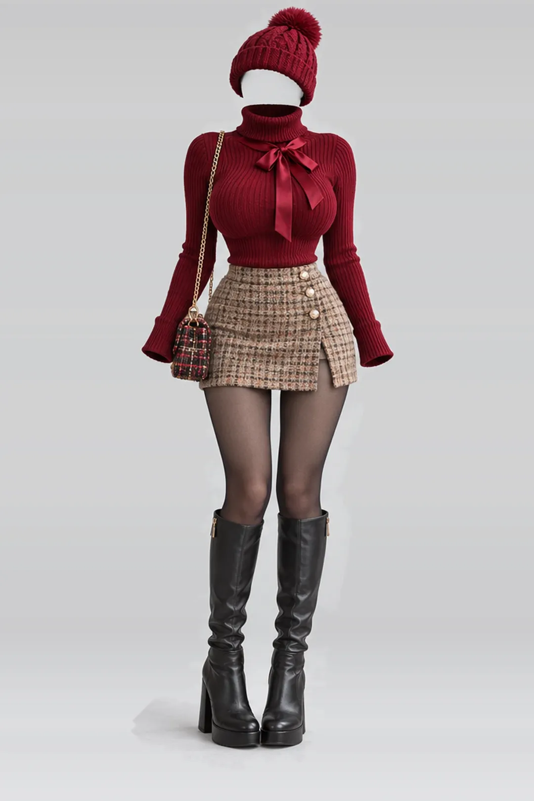 Red turtleneck + knit ribbon mini skirt