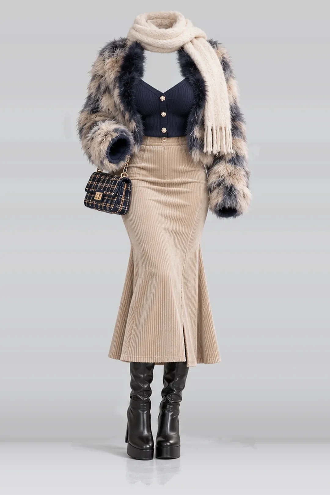 Navy fur knit cardigan + beige corduroy skirt