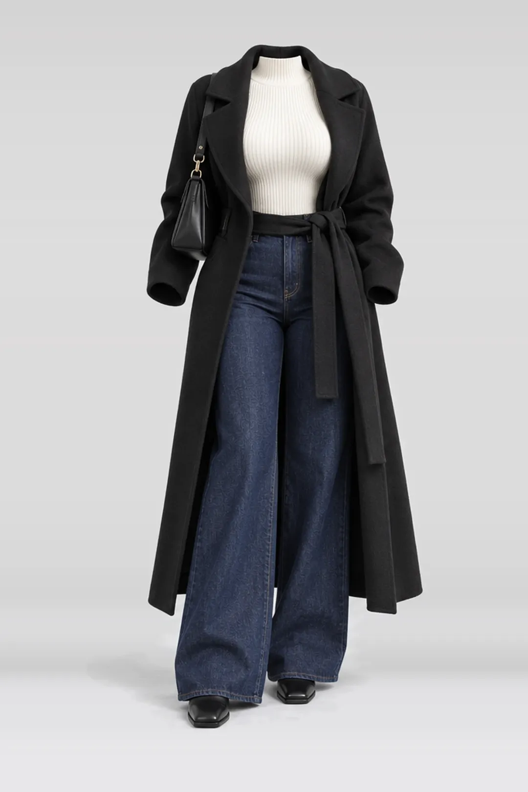 Black coat + ivory knit denim jeans