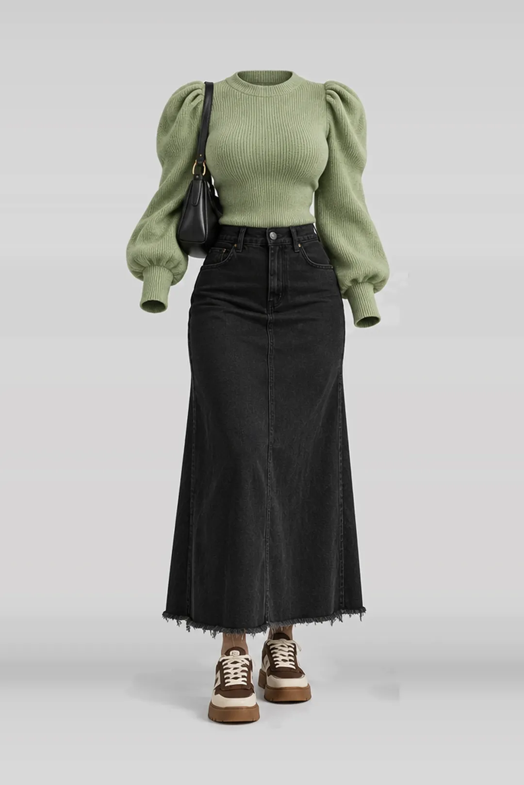 Green knit top + black skirt