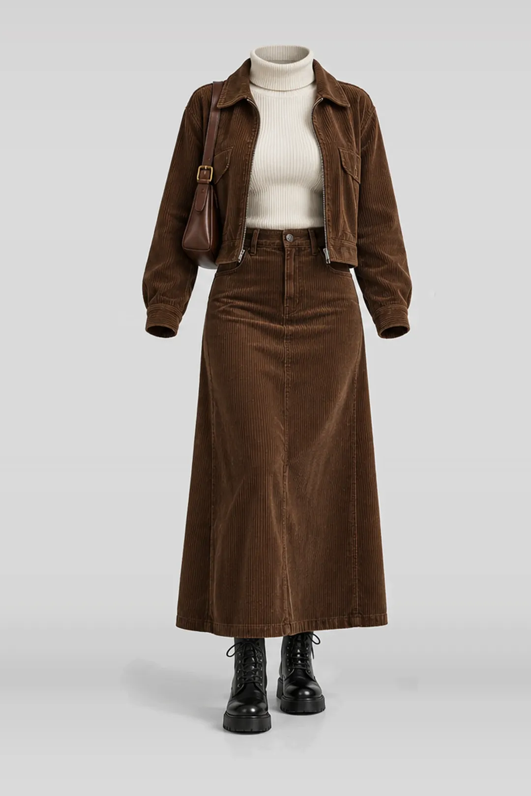 Brown corduroy jacket + ivory turtleneck