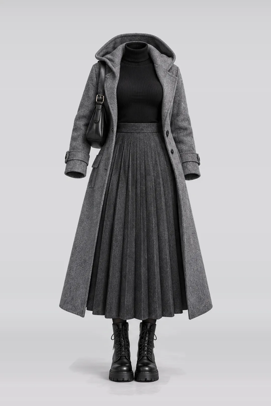 Grey wool coat + black knit pleated midi skirt
