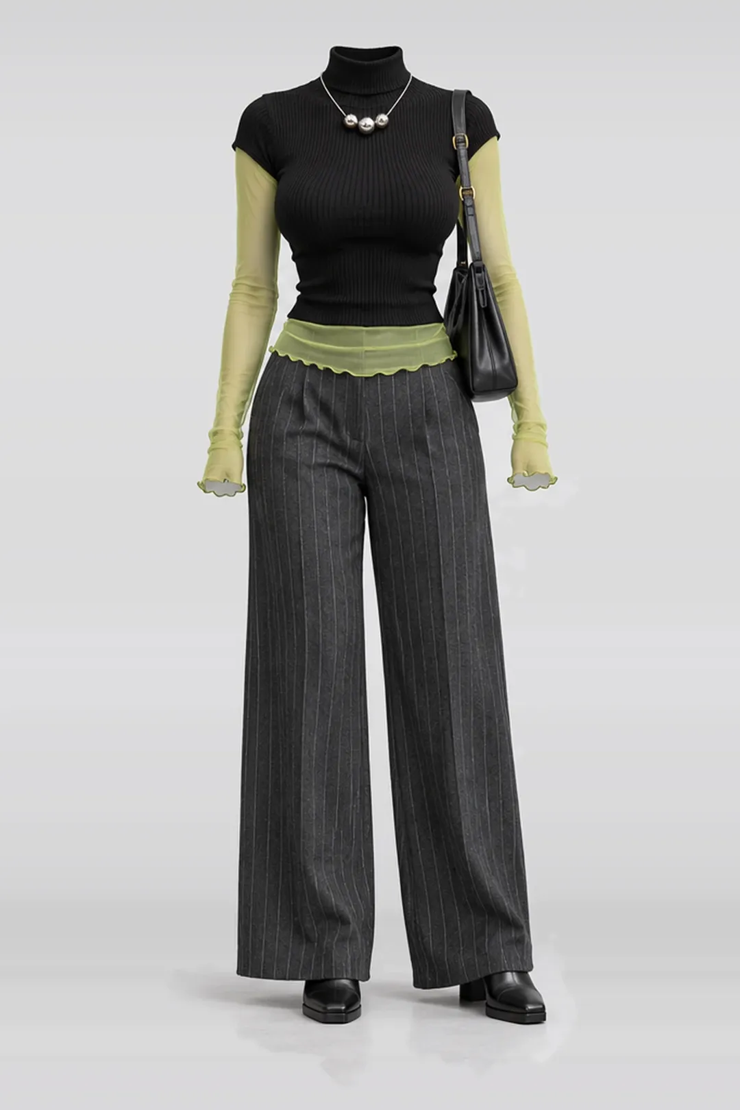 Black knit top + grey trousers