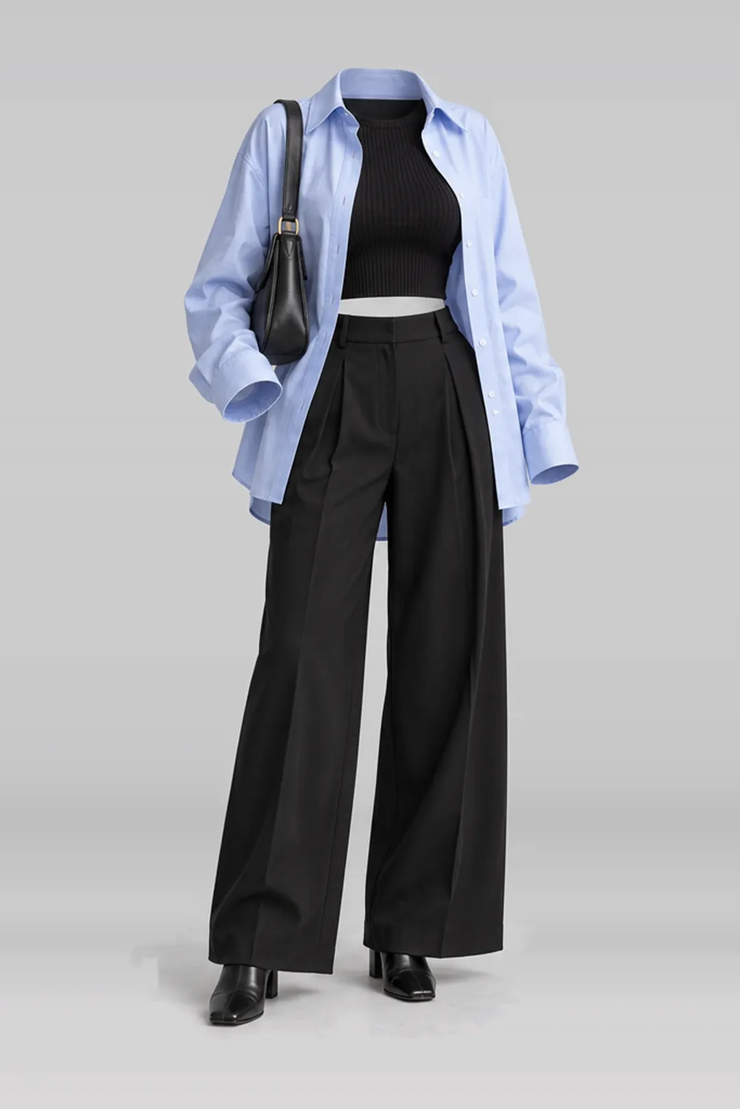 Blue shirt + black knit boots