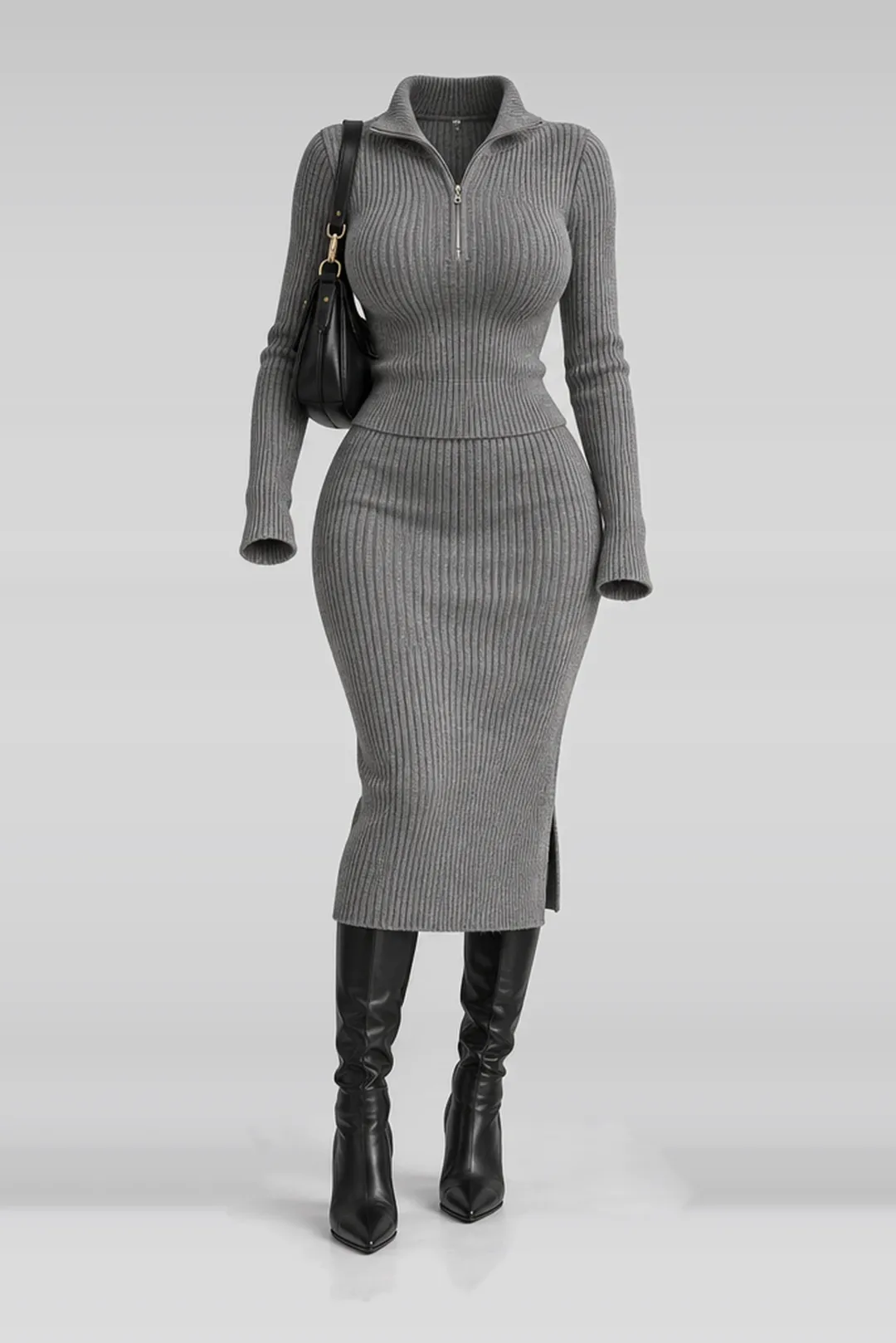 Grey knit midi skirt + black boots
