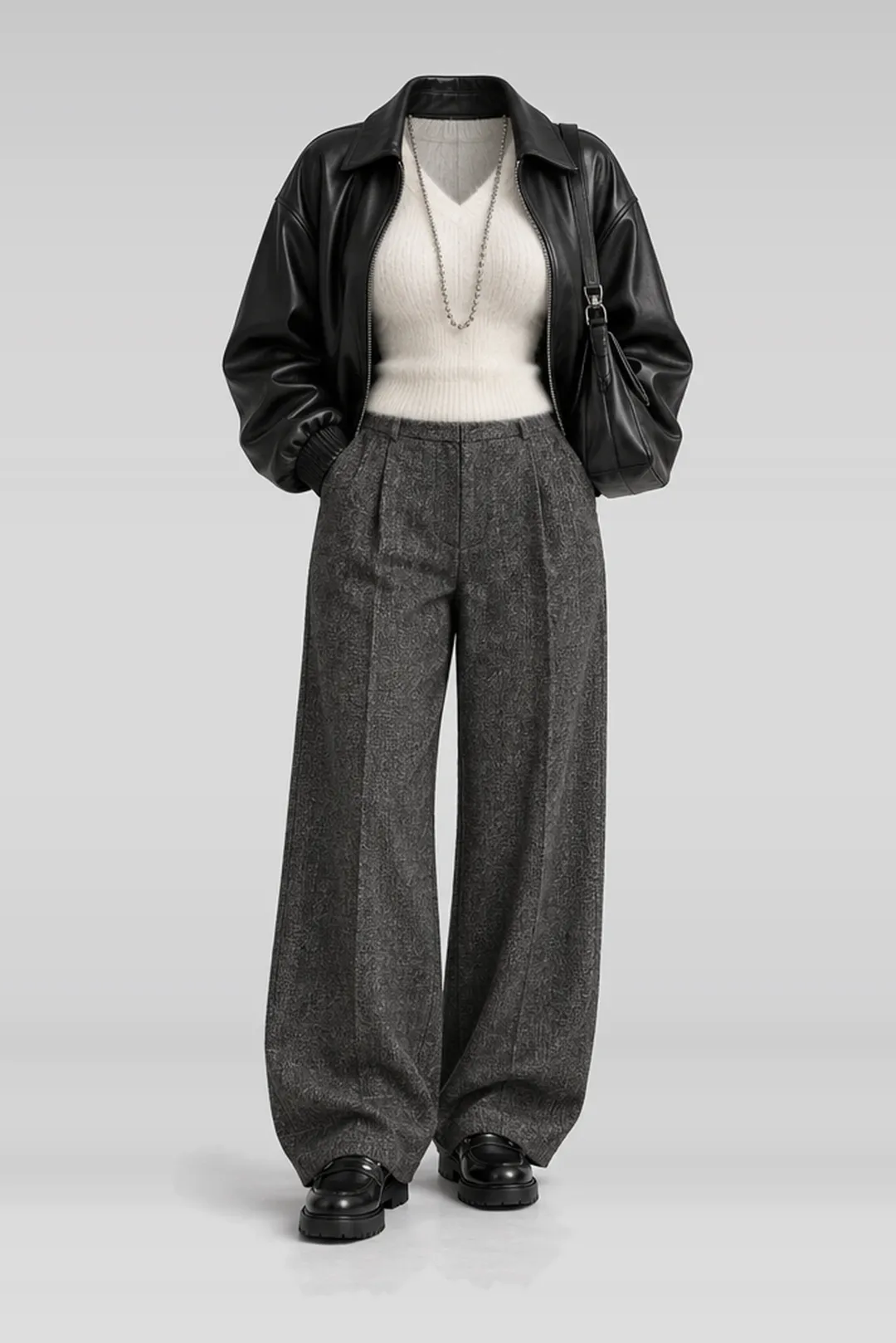Black leather jacket + ivory knit loafers