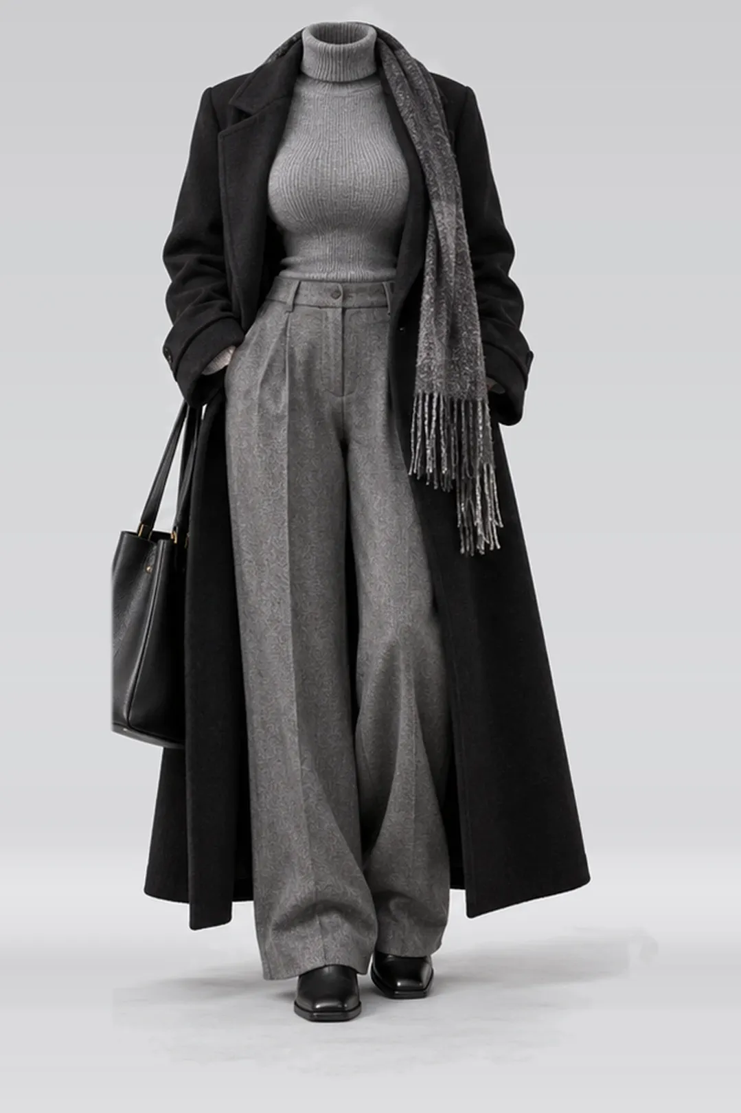 Black wool coat + grey turtleneck