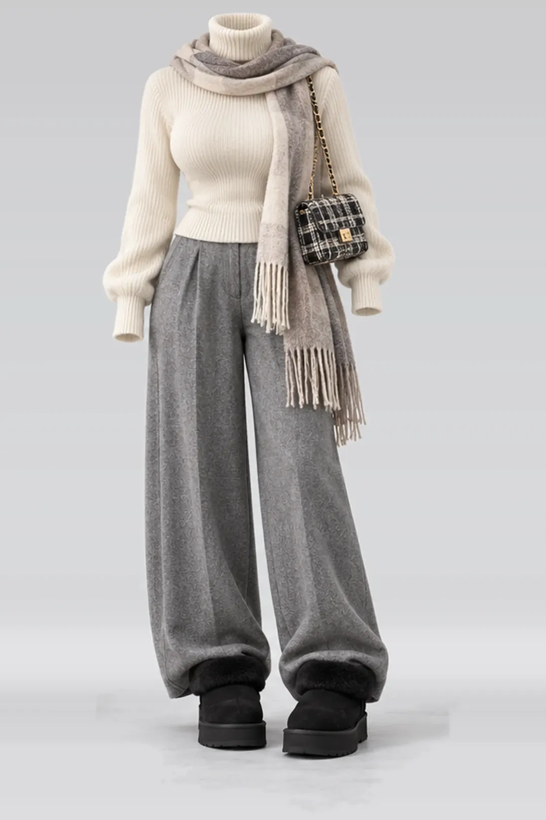 Ivory knit top + grey wool black boots