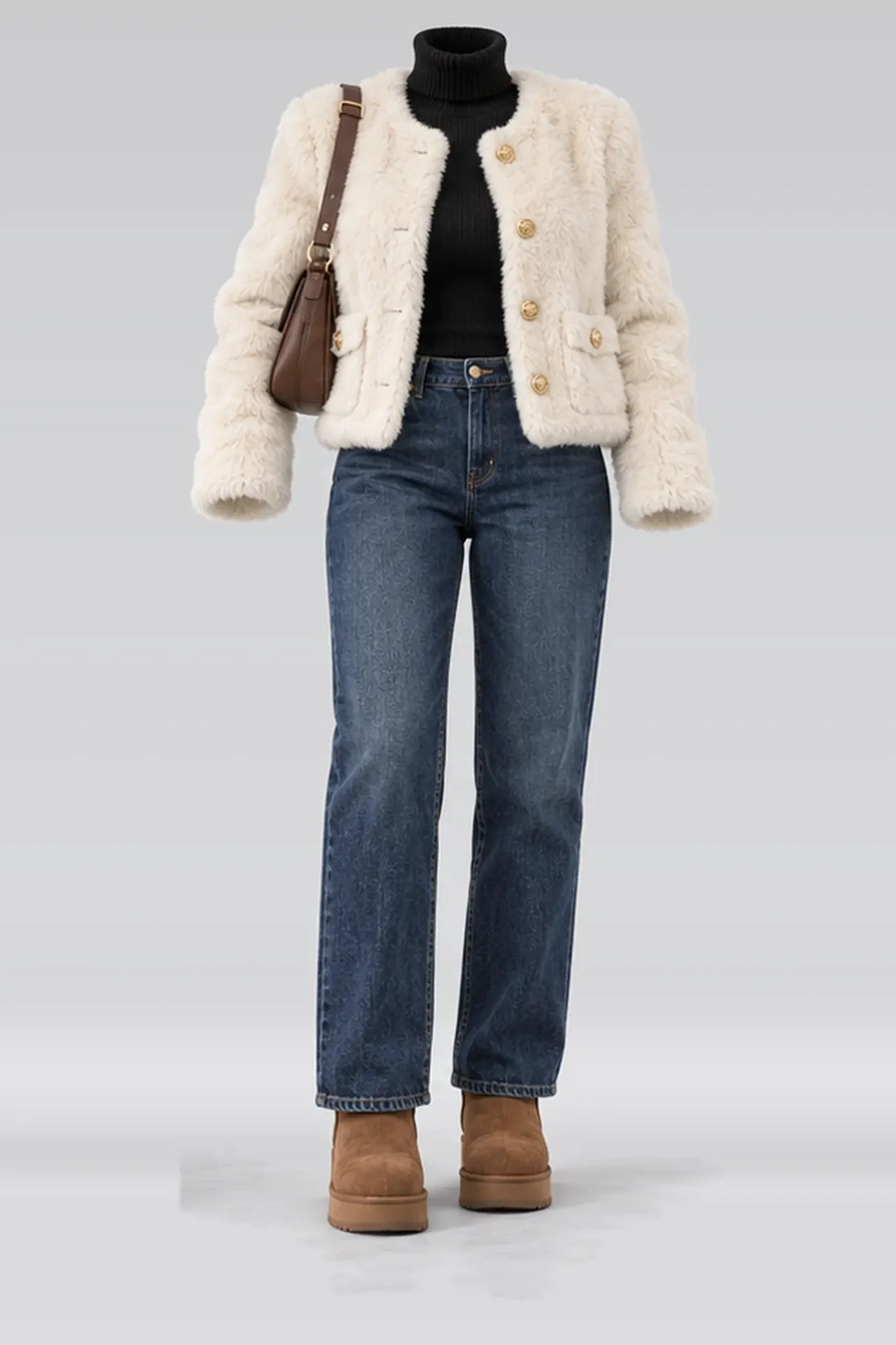 Cream gold fur jacket + black turtleneck