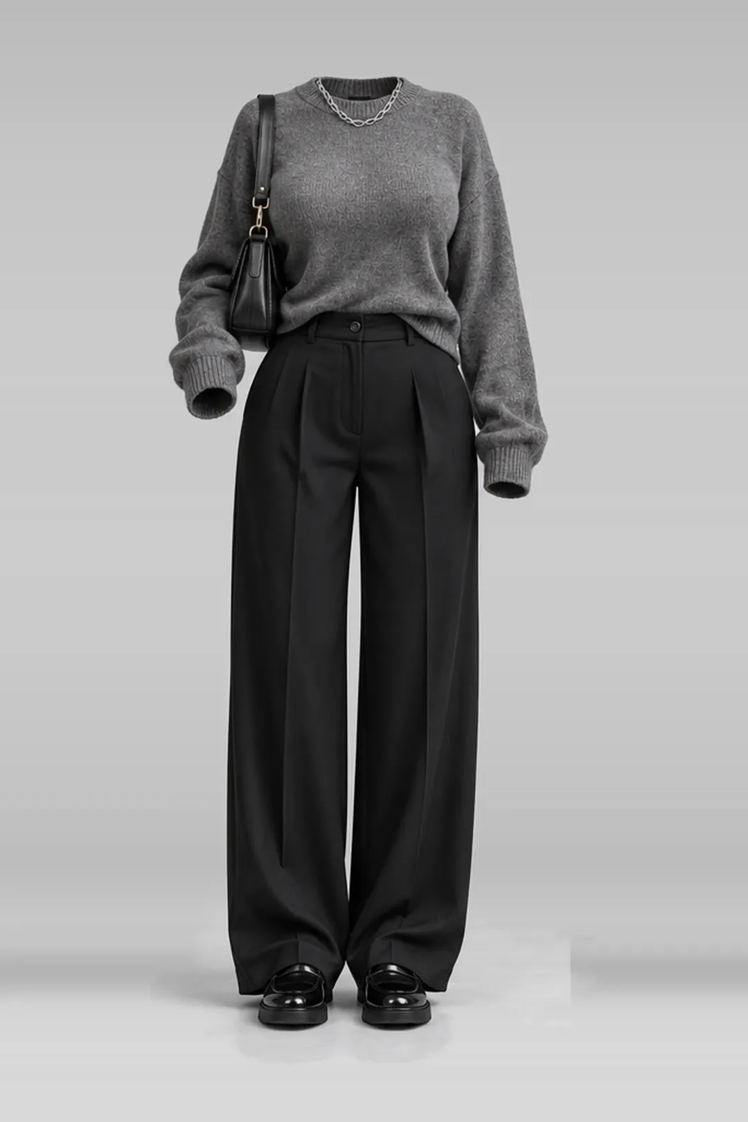 Grey knit top + black trousers
