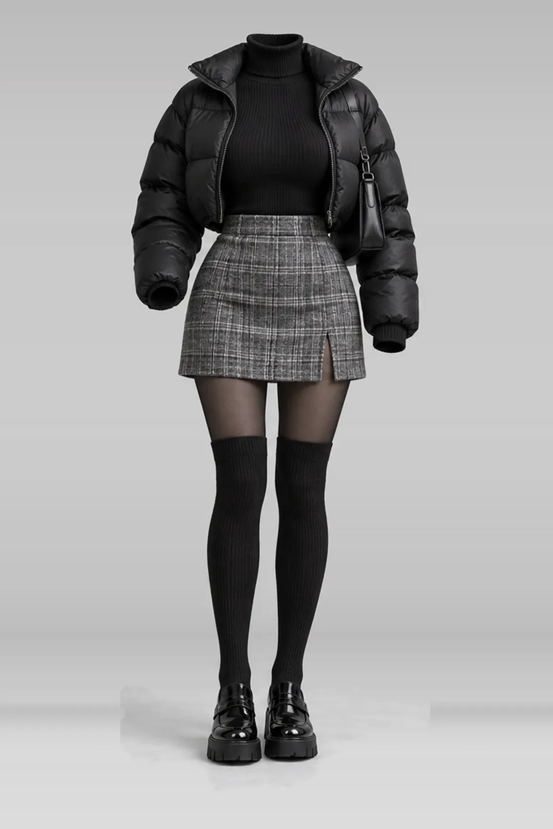 Grey wool mini skirt + black knit socks