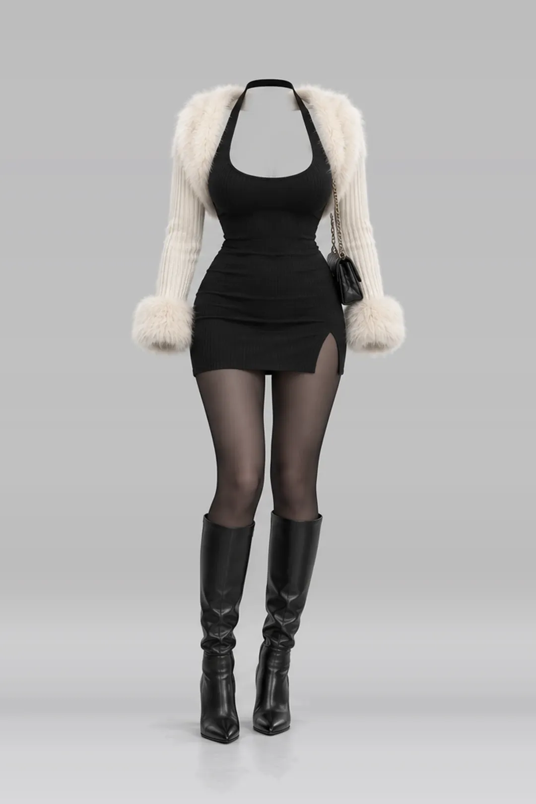 Ivory knit fur stole + black dress
