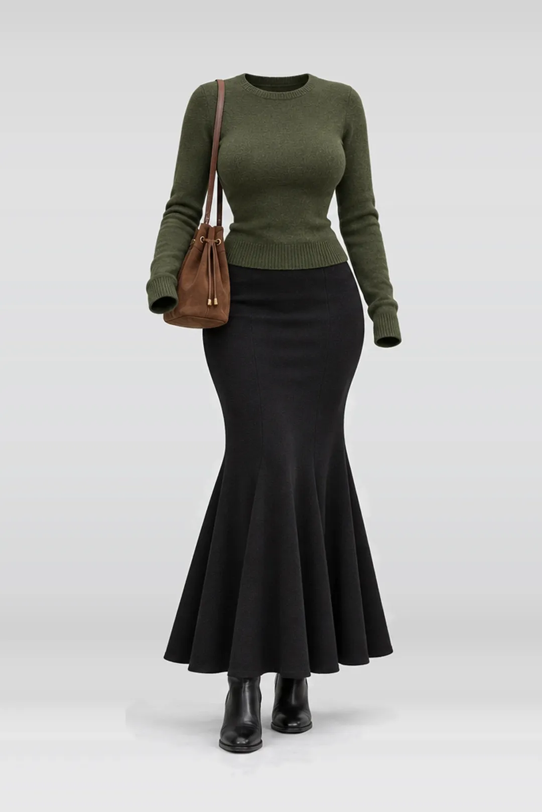 Green knit top + black skirt