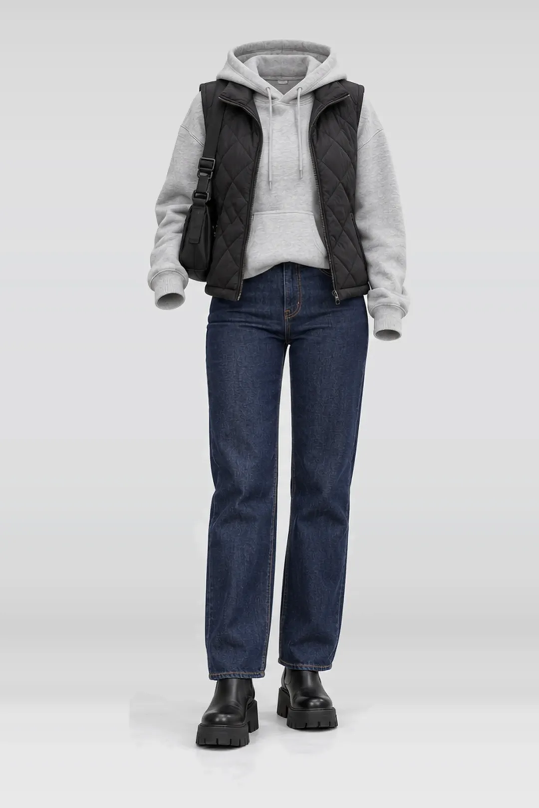 Black vest + grey hoodie
