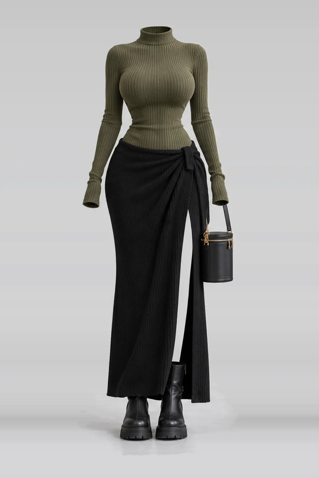 Olive knit top + black skirt