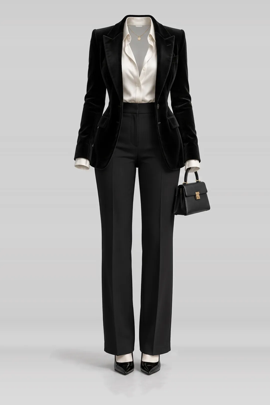 Black velvet ivory blouse + pumps