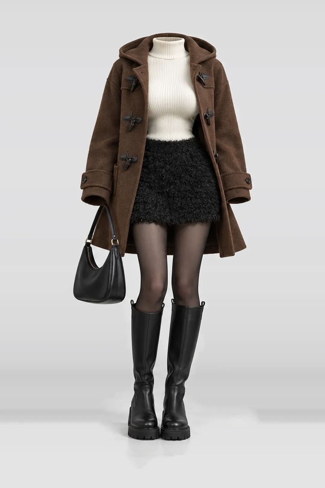 Brown coat + white knit top