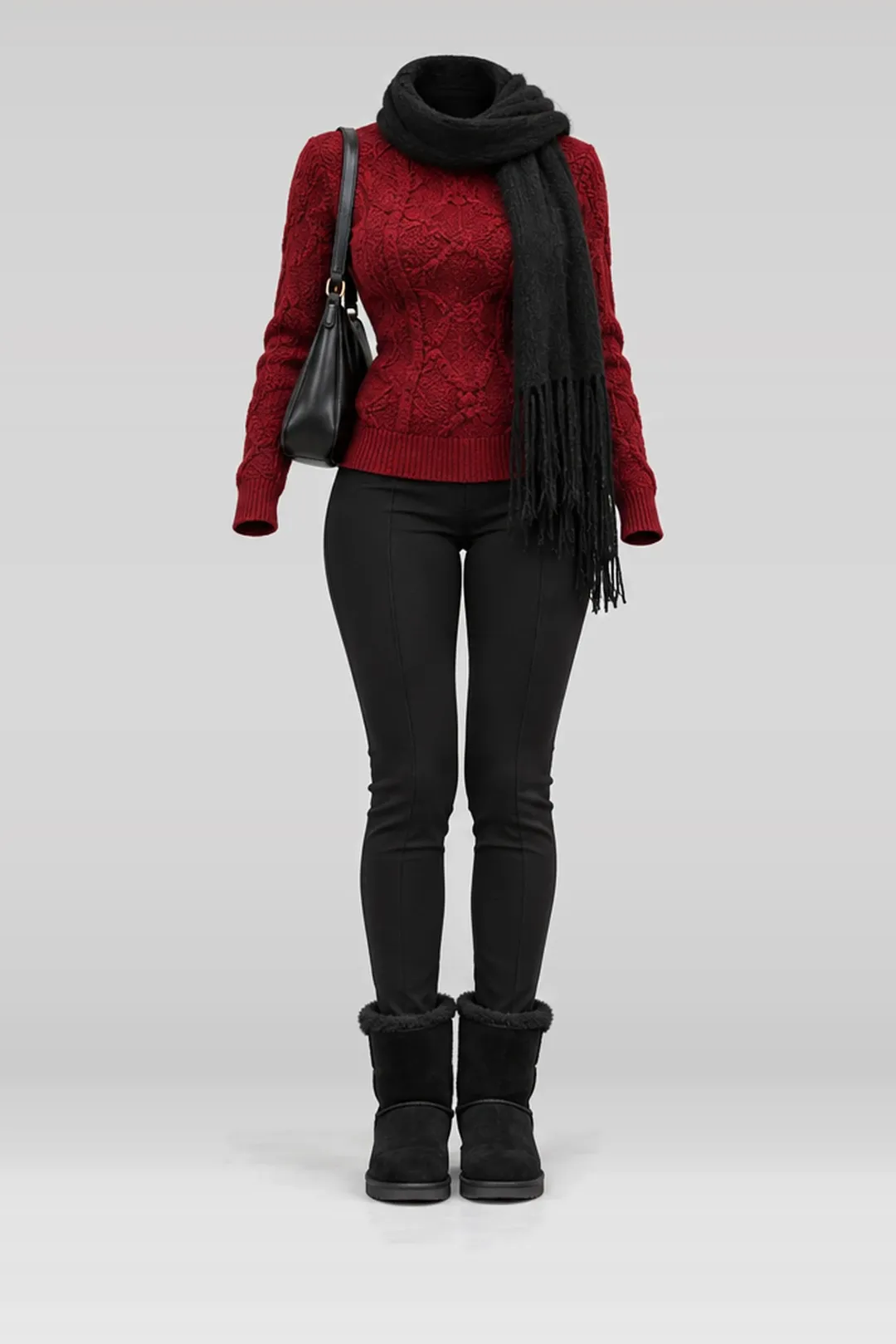 Red knit top + black trousers