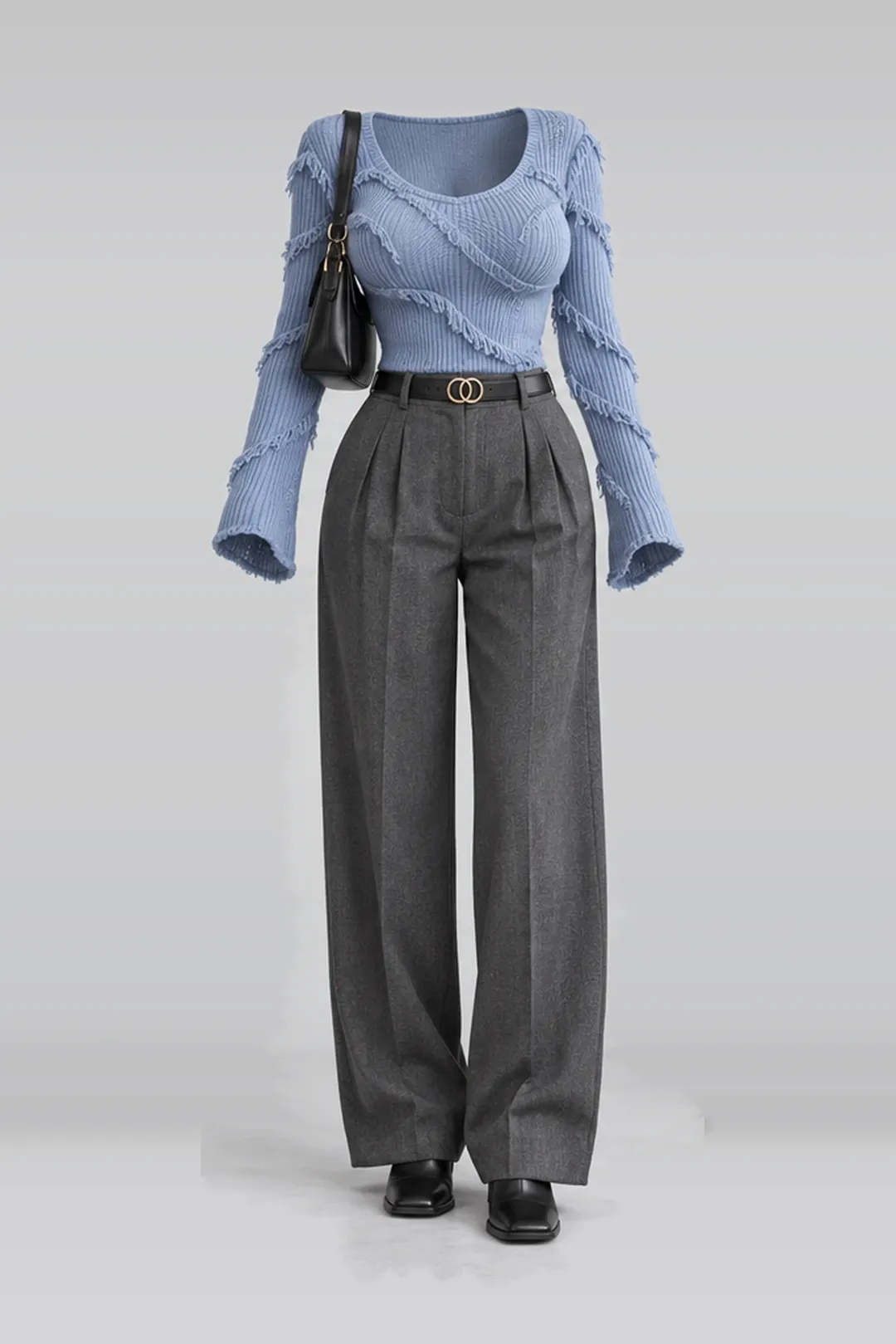 Blue knit top + grey belt