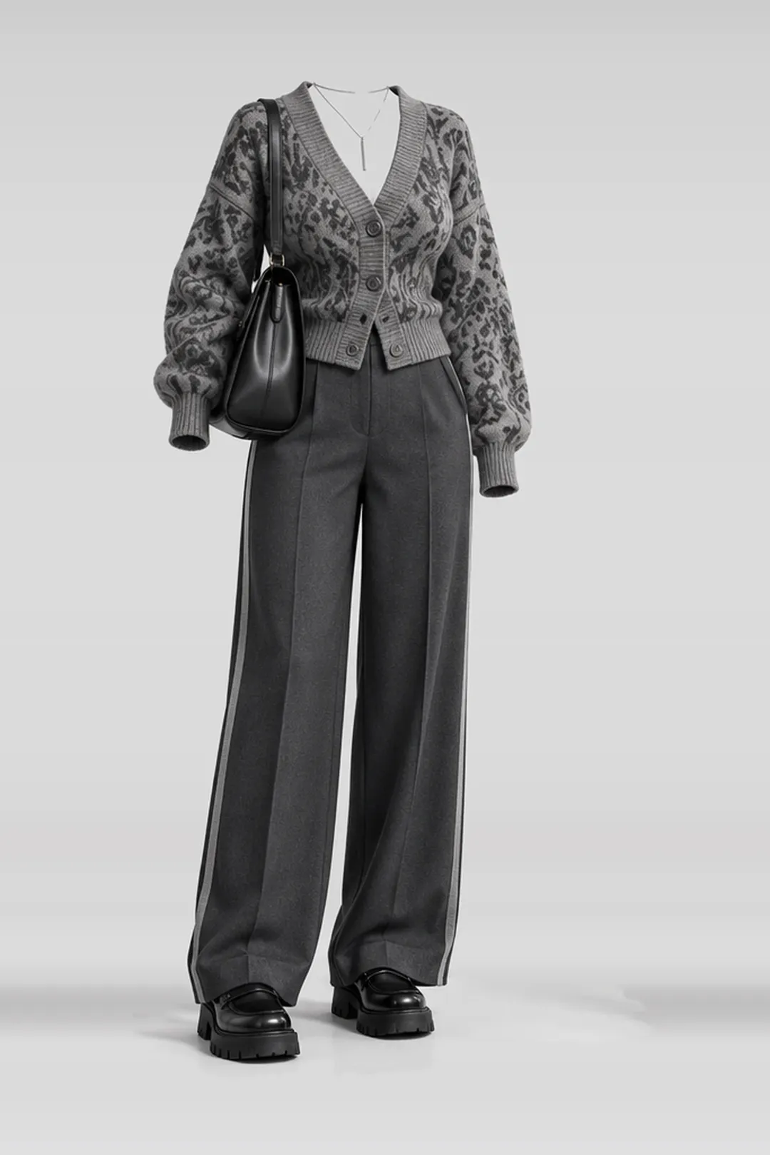 Grey knit cardigan + black loafers