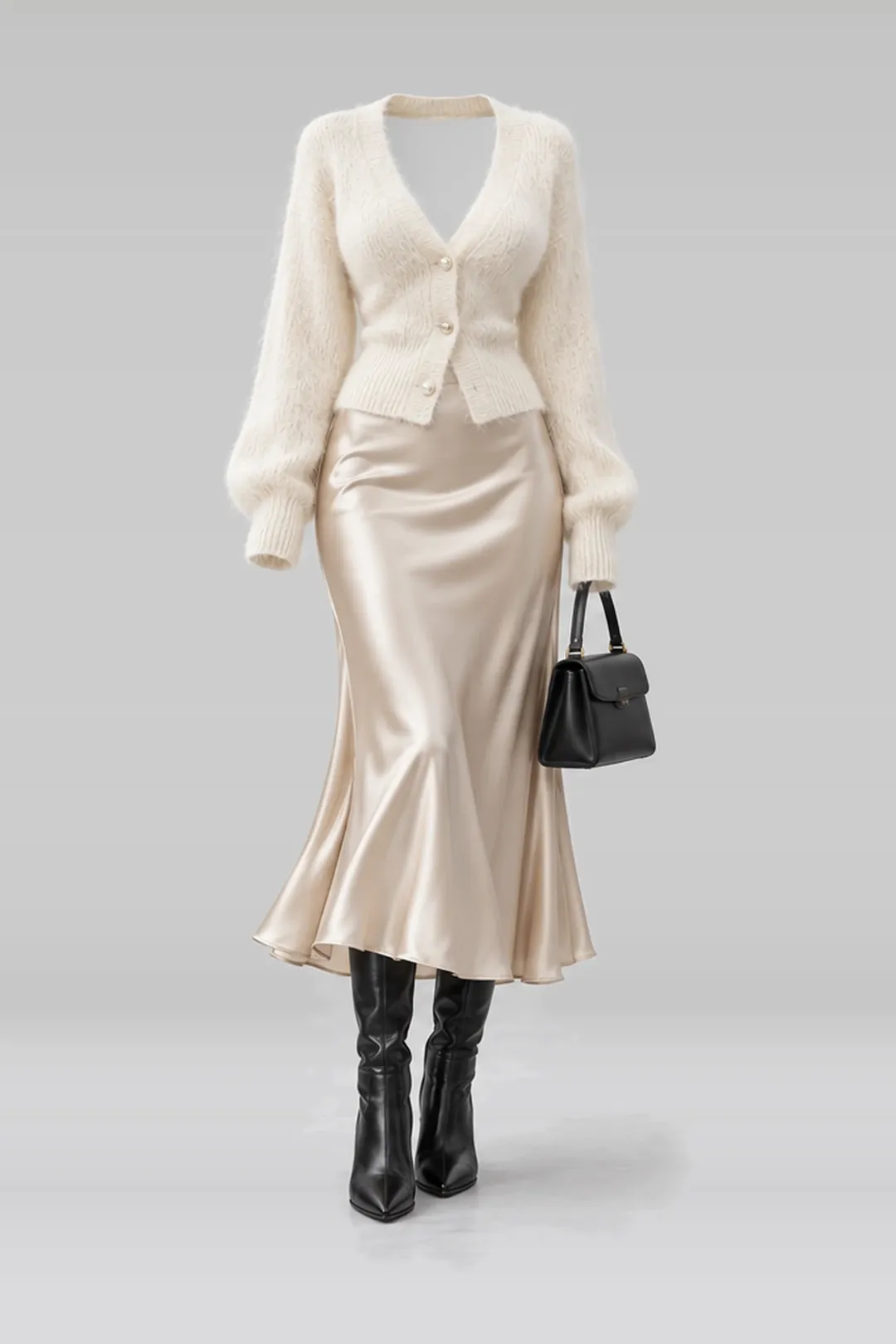 Ivory knit cardigan + satin skirt