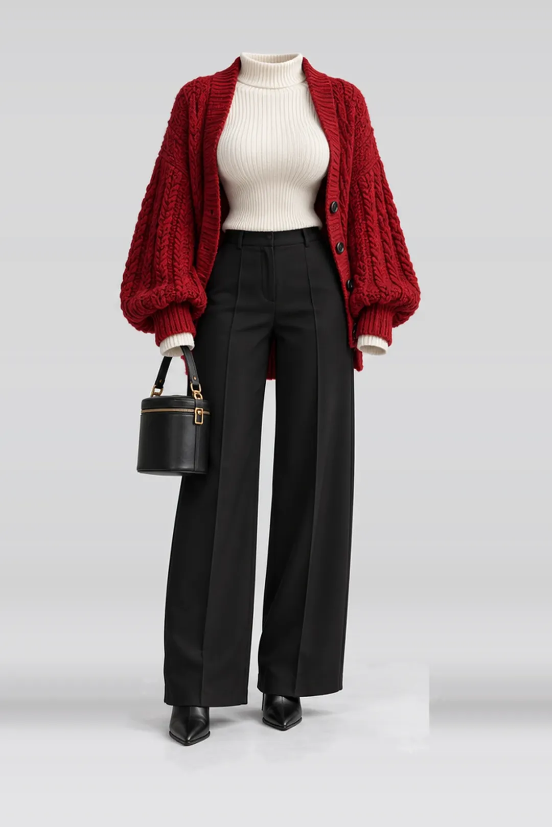 Red knit top + white black trousers