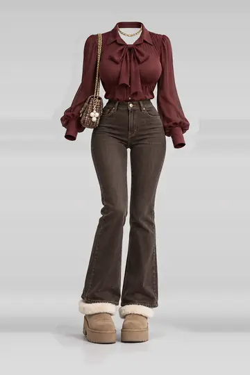 Burgundy blouse + brown denim trousers