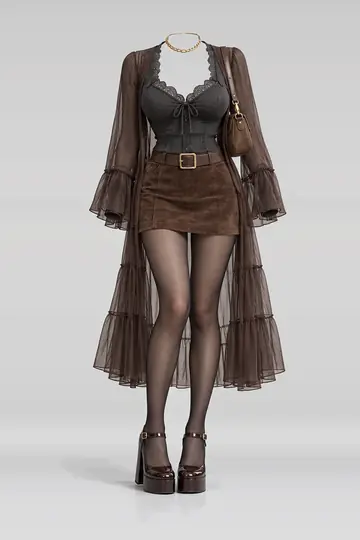 Lace blouse + suede mini skirt