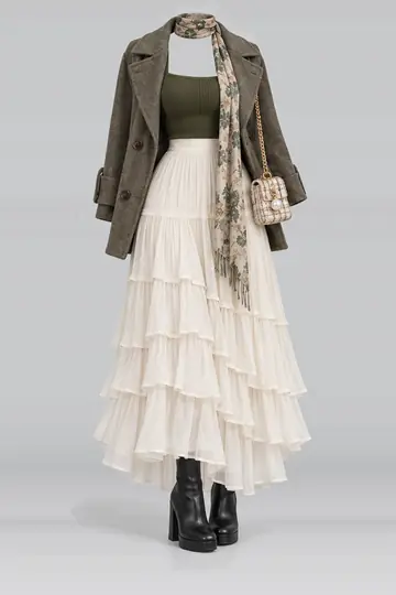 Olive green knit top + ivory skirt
