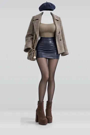 Khaki knit top + navy leather mini skirt