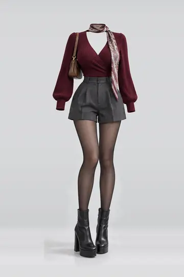 Burgundy knit trousers + black tights