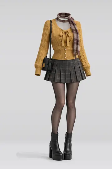 Knit cardigan + pleated mini skirt