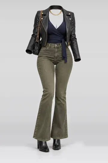 Navy knit top + olive green denim trousers