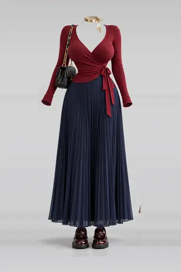 Red knit top + navy pleated skirt