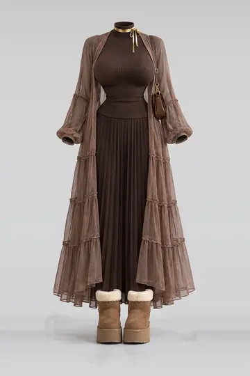 Brown knit pleated skirt + cardigan