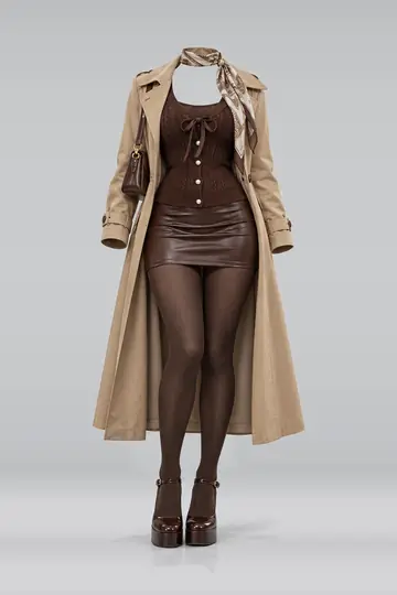 Brown knit cardigan + leather mini skirt