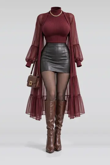 Burgundy knit leather mini skirt + cardigan